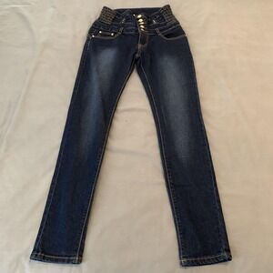 Vinizbena Jeans Juniors 5 Blue Dark Wash High Rise Skinny Bow Studded Denim